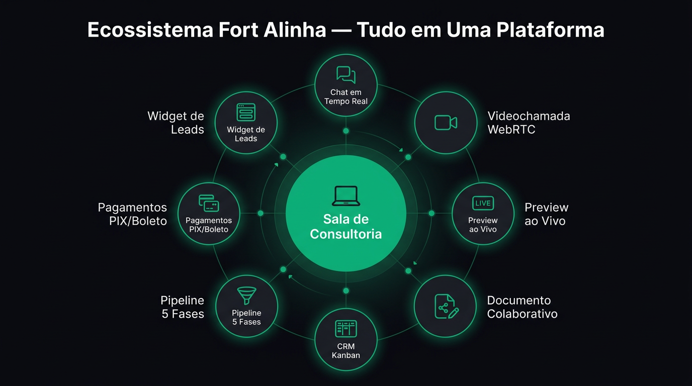 Infográfico mostrando o ecossistema do Fort Alinha com todas as funcionalidades integradas