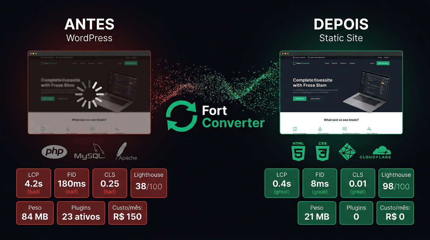 Infográfico Antes e Depois da conversão: WordPress com LCP 4.2s, Lighthouse 38 e R$150/mês vs Site Estático com LCP 0.4s, Lighthouse 98 e R$0/mês