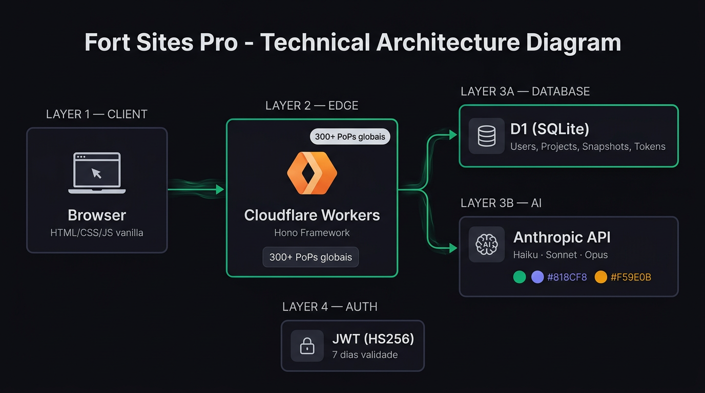 Diagrama de arquitetura do Fort Sites Pro: Browser, Cloudflare Workers com Hono, D1 SQLite, Anthropic API (Haiku/Sonnet/Opus) e JWT HS256