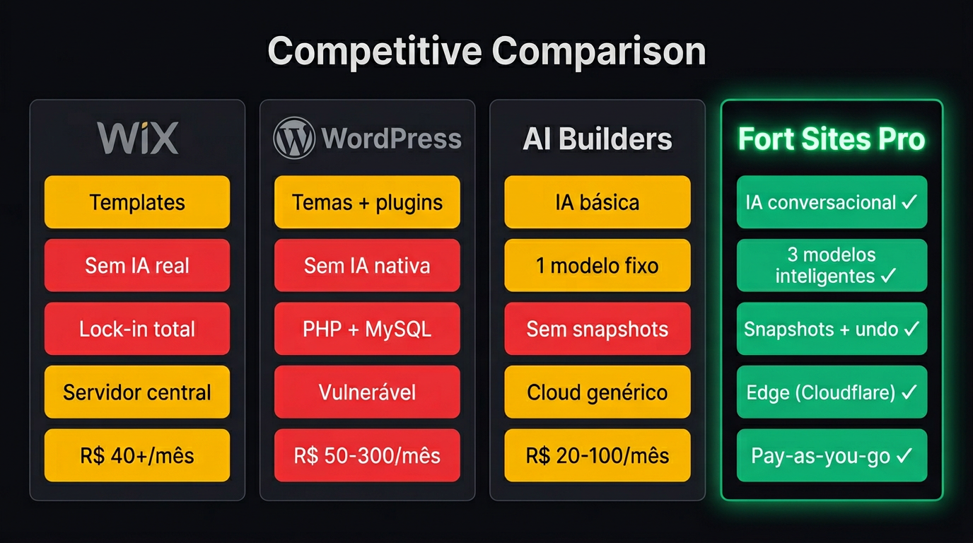 Comparação competitiva: Fort Sites Pro vs Wix vs WordPress vs AI Builders — formulário guiado, IA multi-modelo (3 modelos), snapshots, edge computing e pay-as-you-go