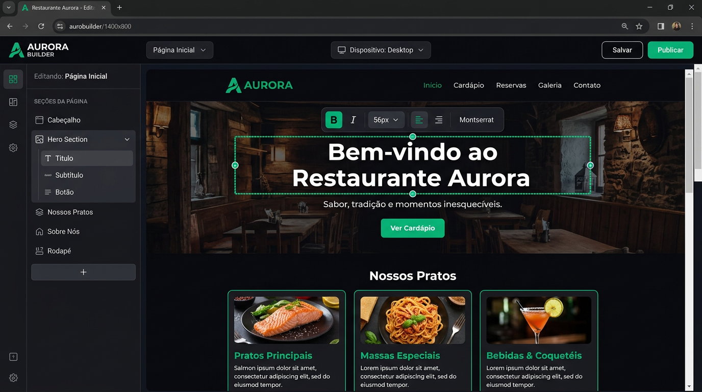 Editor visual inline do Fort Sites com edição de texto diretamente no preview