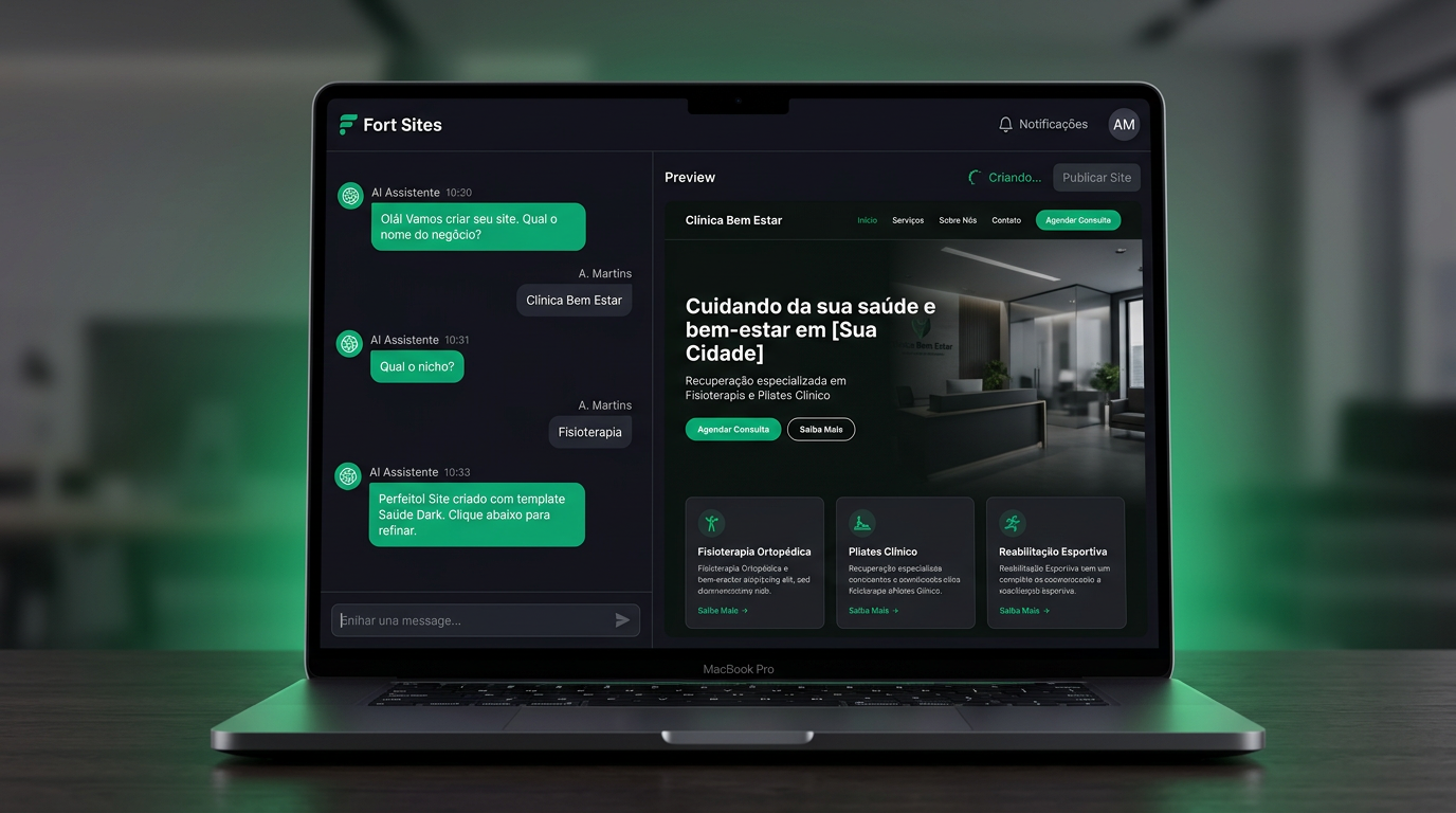 Painel do Fort Sites mostrando o formulário guiado de criação e o preview do site sendo gerado pela IA
