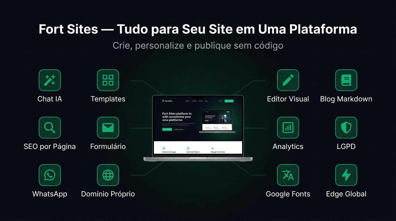 Infográfico do ecossistema Fort Sites mostrando todas as funcionalidades integradas