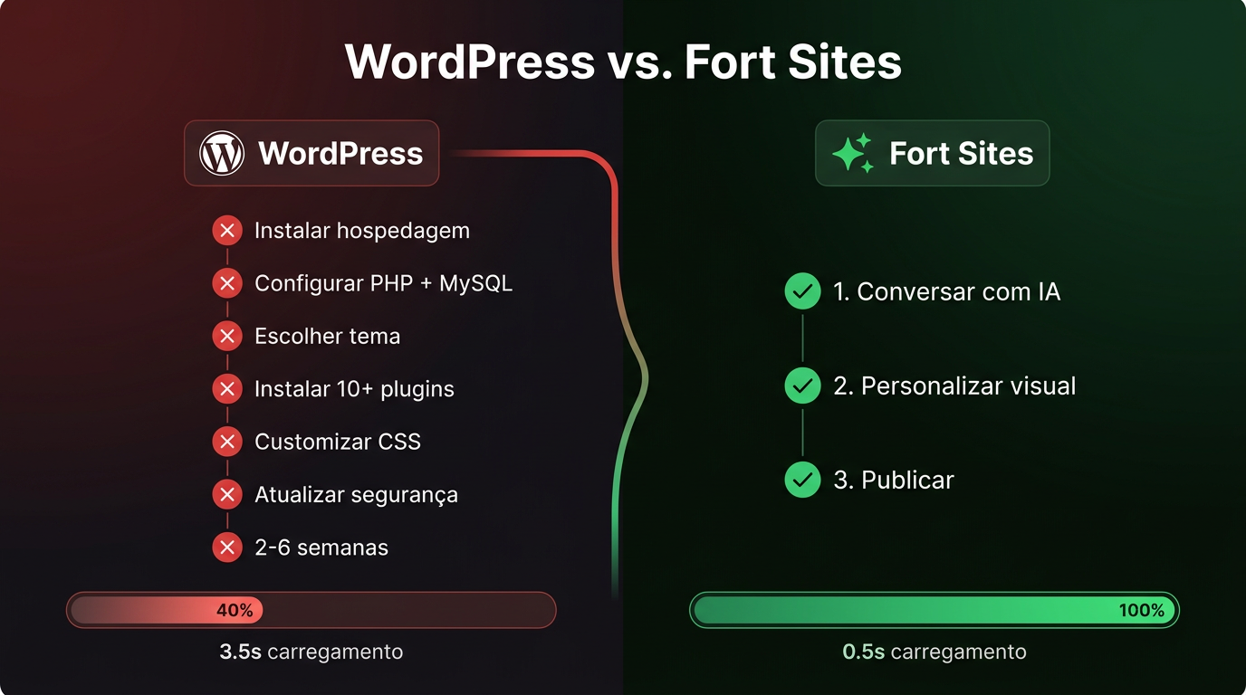 Infográfico comparativo: processo de criar site com WordPress versus Fort Sites